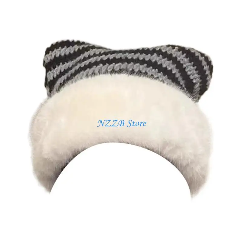 

T21F Ear Winter Hat for Women Thick Knitting Striped Beanie Hat Outdoor Sports Hat Cold Weather Windproof Warm Headgear