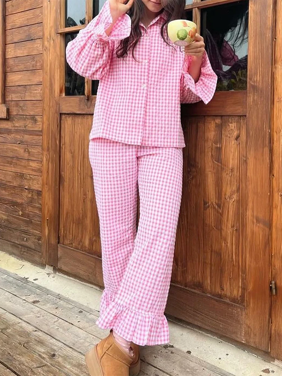 Fashion Women 2 Piece Plaid Pants Set Flare Long Sleeve Button Shirt Ruffle Hem Bell Gingham Pants Pj Lounge Set Sleepwear