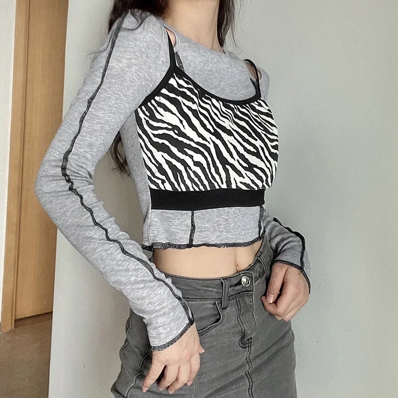 Harajuku Hollow Out Crop Tops Streetwear 2023 Vintage Punk Zebra Print Long Sleeve Tops Women Autumn Sexy Patchwork Basic Top