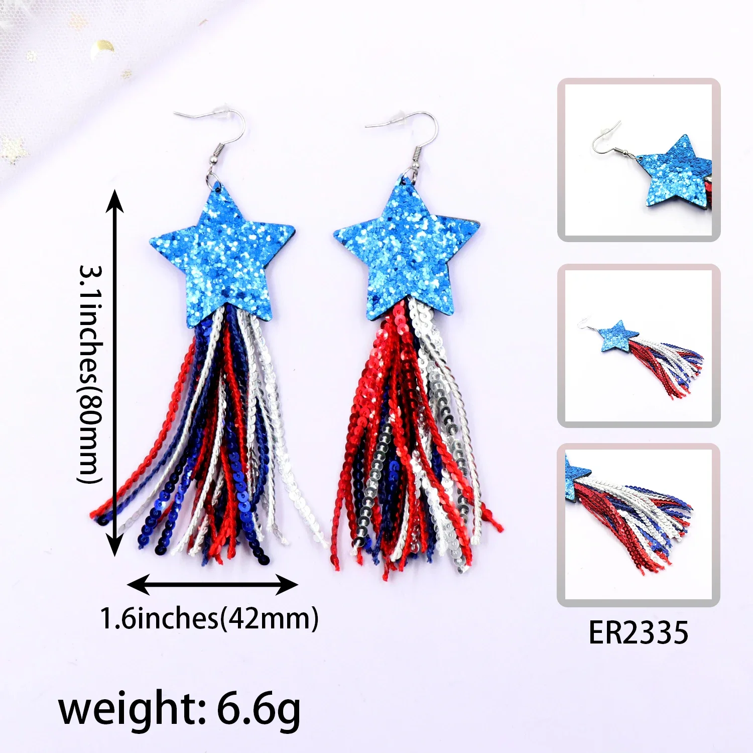 MD150ER2335 New Cross-Border Handmade Women's Earrings Colorful Tassel Sequins Five-Pointed Star Independence Day