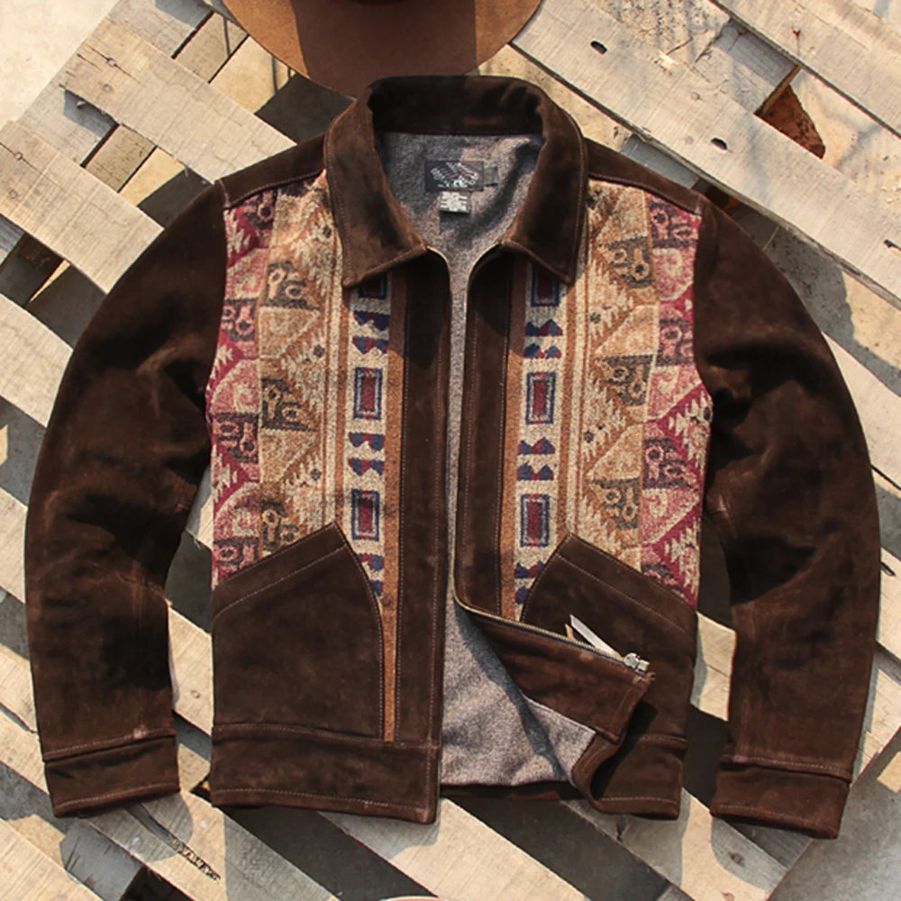 Navajo Style Nation Pattern Mans Cow Suede Jacket and Coat Vintage Autumn Winter Indian Style Woolen Topcoat Mans Overcoats