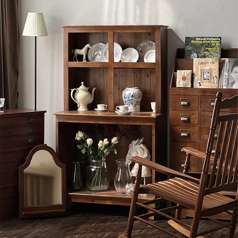 Display cabinet, fully equipped living room, home floor-to-ceiling storage, bookshelf storage, solid wood retro display cbinet