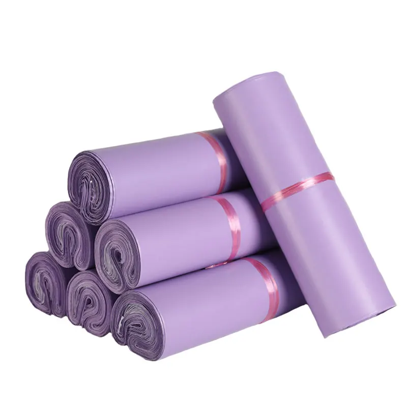 Bolsas de mensajería de plástico para ropa, embalaje autoadhesivo, color púrpura claro, impermeable, 4 tamaños, 50 piezas