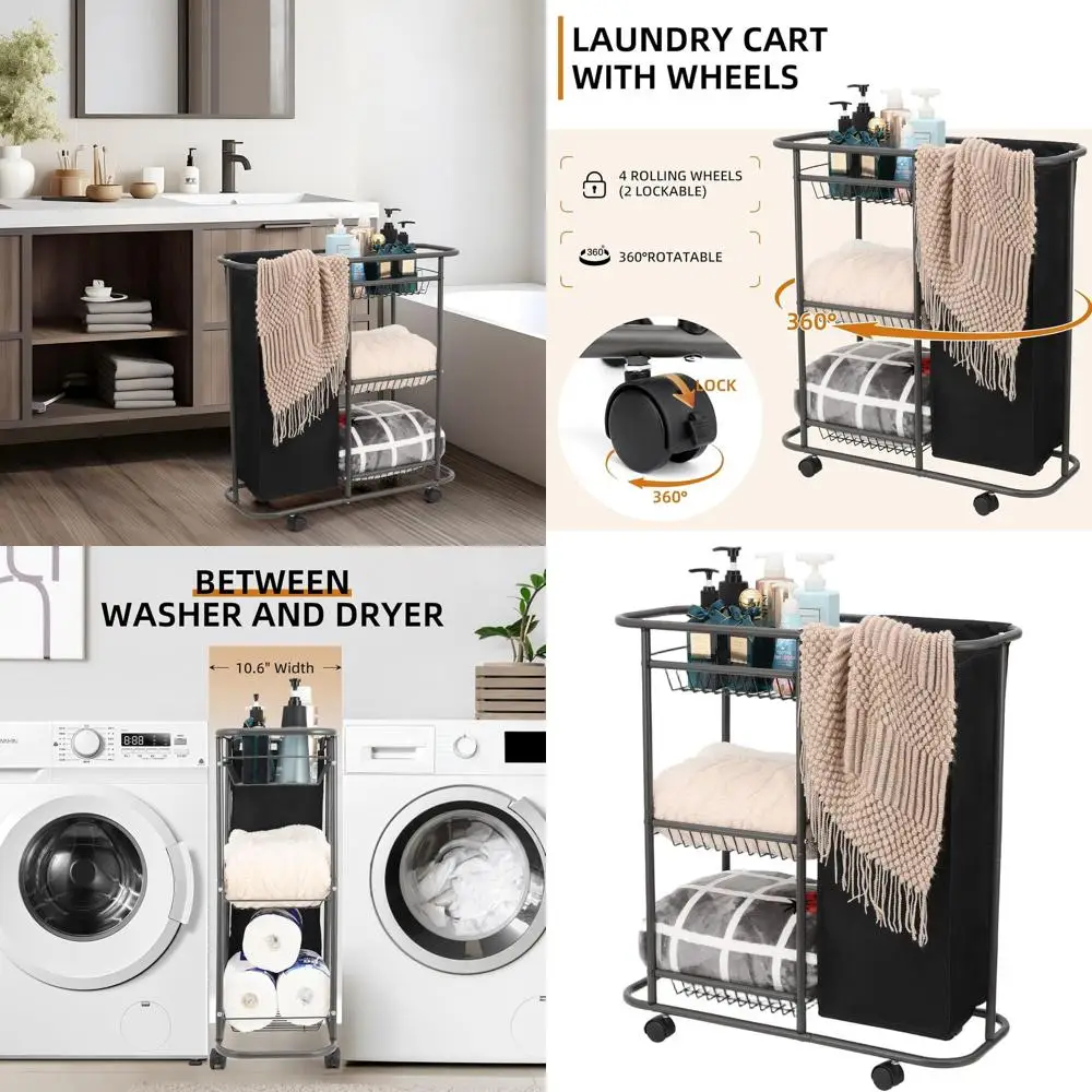 

3-Tier Heavy-Duty Laundry Cart with Wheels for Washer and Dryer - Compact Caddy for Laundry Room, Bathroom, or Bedroom in Black
