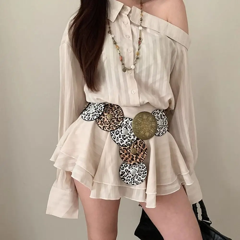 Punk Metal Leopard Print Belt Y2K Baroque Style Cowboy Waistband Korean Style Hollow Ethnic Style Cummerbunds Women