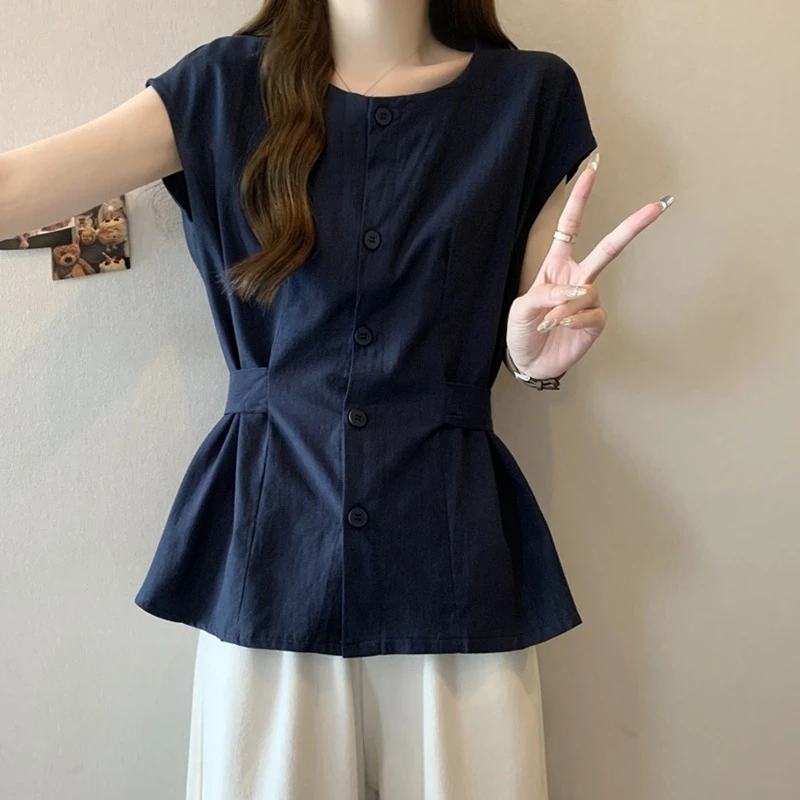 

Large size women's clothing belly covering design sense chic niche shirt women's summer fat sister waist thin cotton and linen