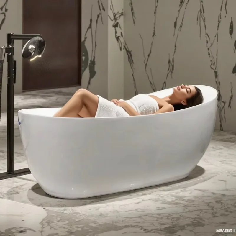 Modern White Oval Ceramic Bath Tub With Glossy Surface Luxury Freestanding Design Eco-Friendly Drainer For Adults Hotel Use
