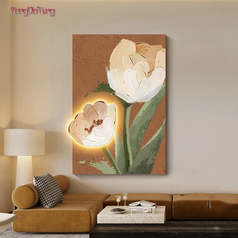 Modern Hand Painted Flowers Glowing Frameless Interior Painting Led Wall Hanging Lamp For Living Room Sofa Bedside Decoration