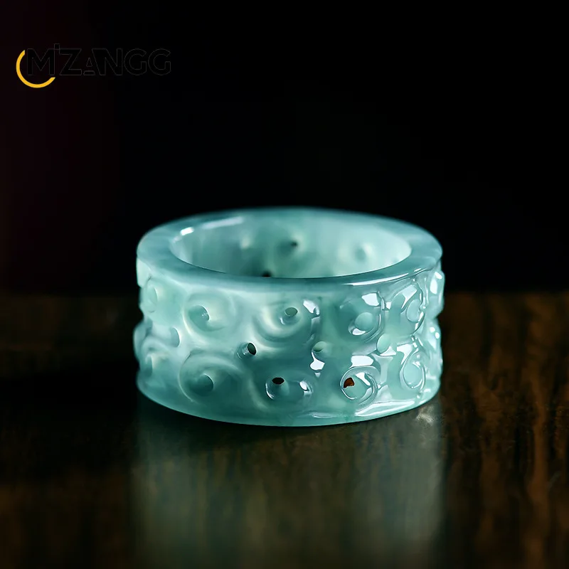 

Natural Jadeite Blue Water Auspicious Cloud Finger Ring Hand-Carved Exquisitely Charming Ice-Type Jade Ring Men A Unique Gift
