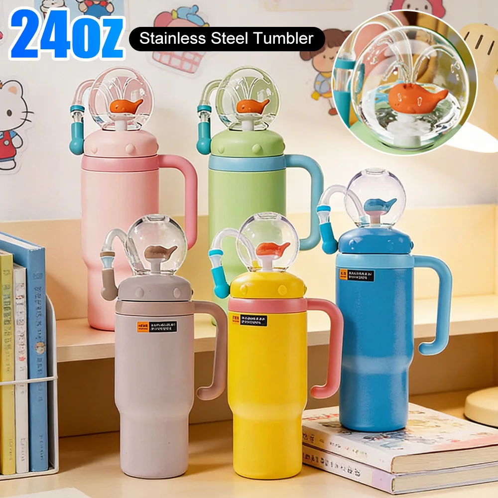 

Бутылка-фонтан из нержавеющей стали 24OZ в форме кита, креативная кружка-поилка с соломинкой, герметичная, для воды
