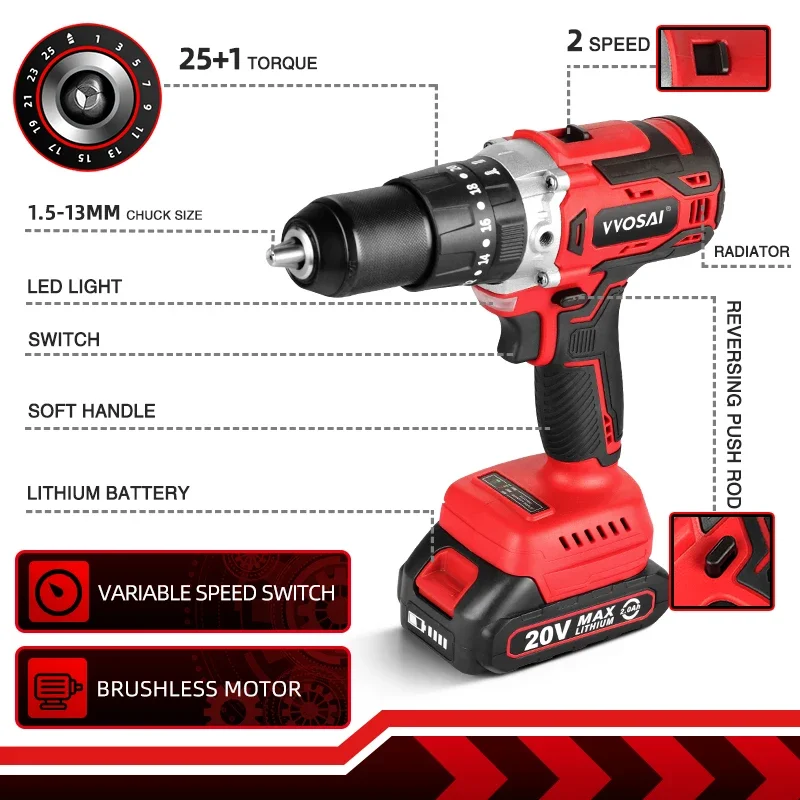 VVOSAI MT-Series 125N.m 20V Brushless Electric Drill 13mm Cordless Drill Hammer Li-ion Battery Electric Power Screwdriver