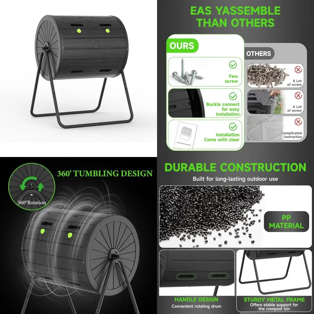 

Large 43 Gallon Dual Chamber Outdoor Tumbling Composter with Efficient Batch Composting and Easy Turn Design in Black