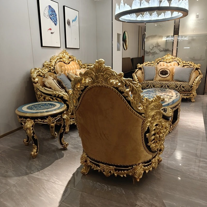 French Court Sofa, Solid Wood Carving Frame with Gold Foil, Villa Living Room Luxury Guest Luxury Fabric