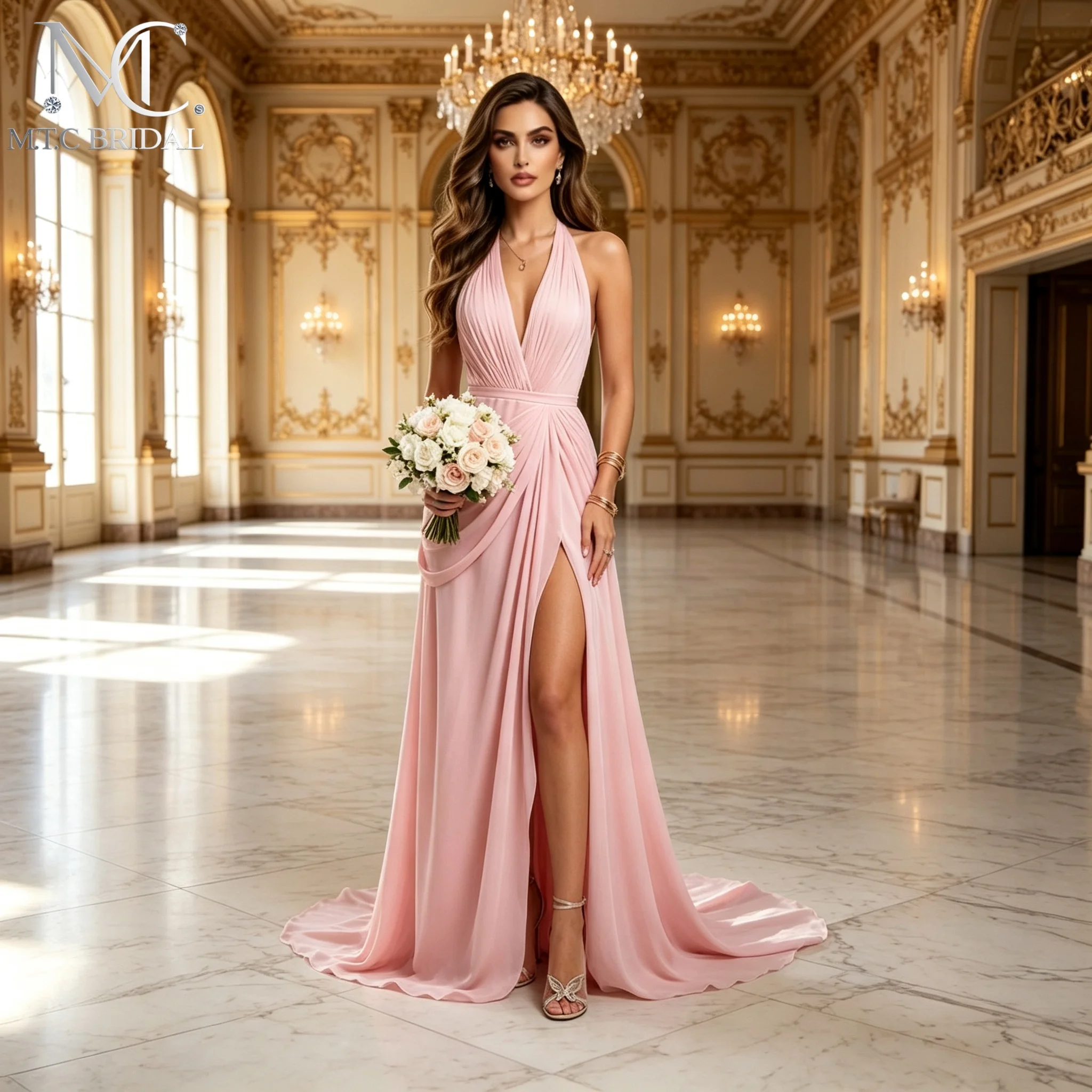 Sexy Pink Backless Long A Line Bridesamid Dress Halter Side Split Pleated Chiffon Maids Of Honor Gowns Maxi Women Formal Dresses