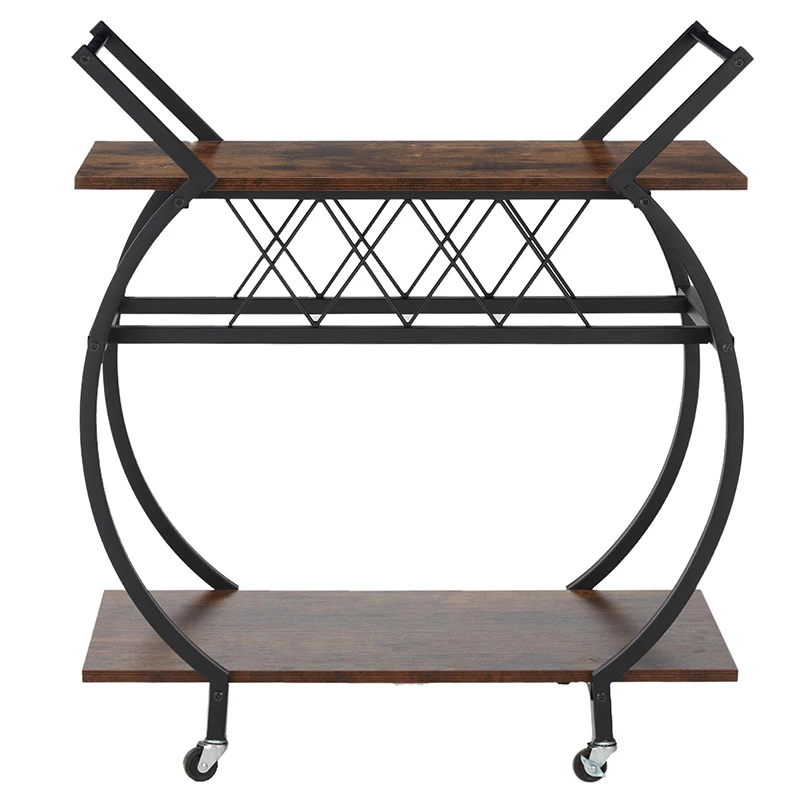 

Industrial Mobile Serving Cart Modern Wood Metal Portable Bar Cart 2 Tier Rolling Kitchen Storage Cart