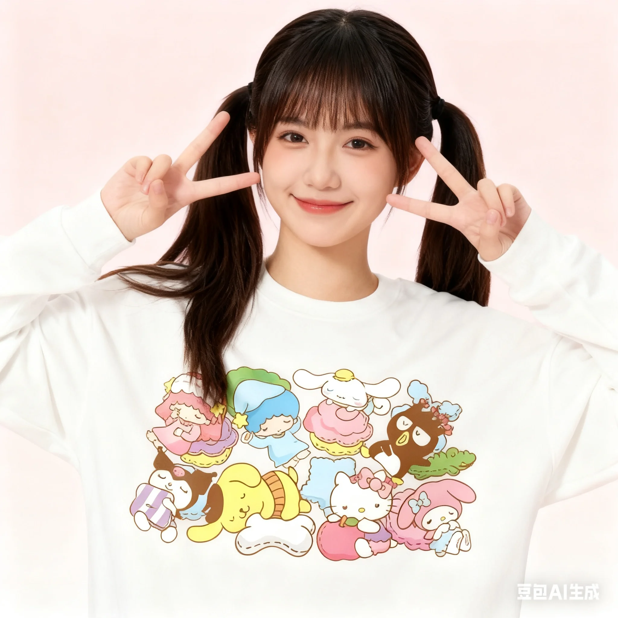 

2025 Sanrio Series Printed Crew Neck Long-Sleeve Top, Cute and Warm Fleece-Lined Crew Neck Long-Sleeve T-Shirt, 100% Cotton