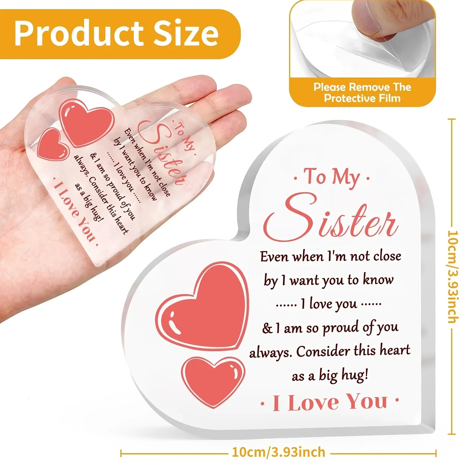 Sister Gift Heart Shaped Acrylic Ornament, Warm Family Quote Tabletop Decor for Birthday Holiday