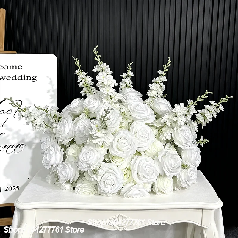 Rosa-weiß-burgunderfarbenes Rosen-Kunstblumenarrangement, Hochzeitstisch-Mittelstück, Blumenstrauß, Party-, Bankett- und Bühnendekoration. – Detail 5