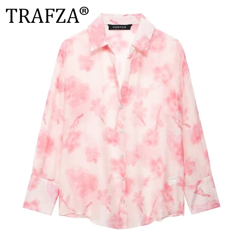 

TRAFZA Tie Dyed Flower Printed Women Thin Loose Shirt 2024 Summer Long Sleeve Buttons Pink Blouse Female Top Y2K Streetwear ﻿