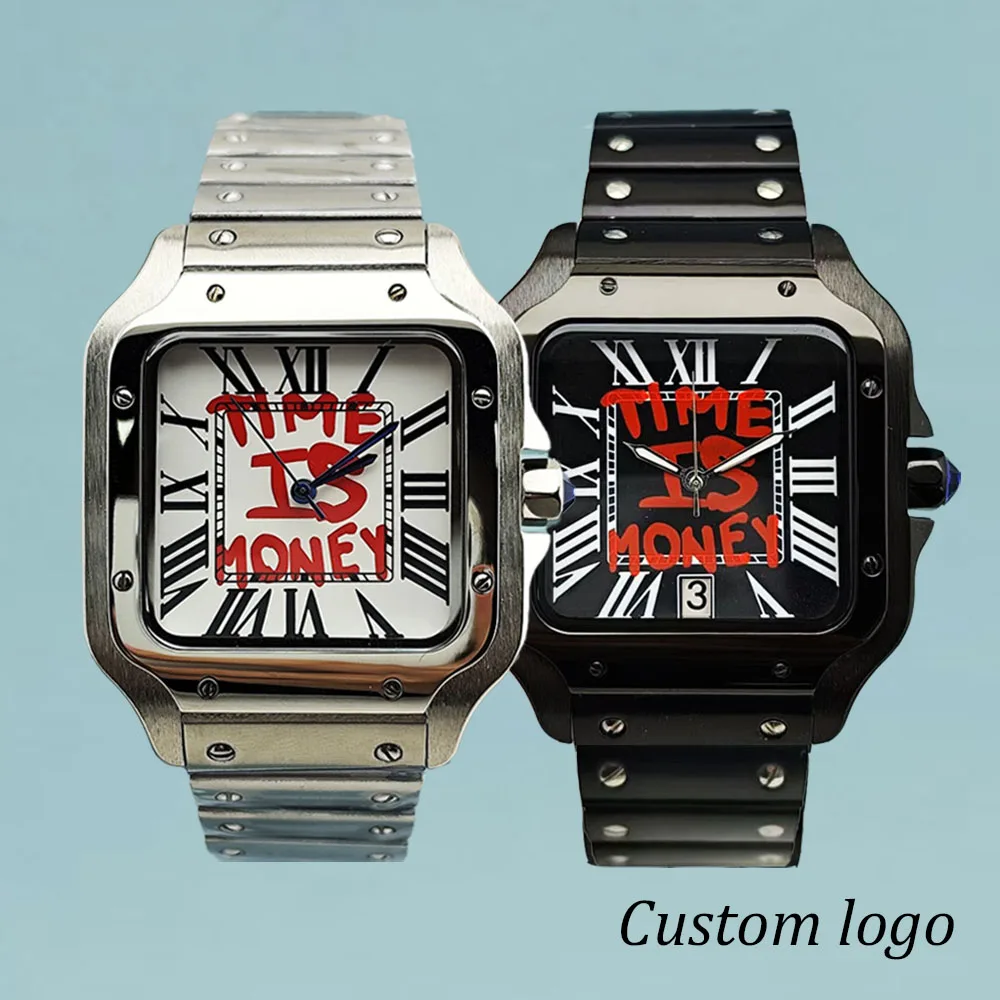 

Часы NH35 время денег, мужские часы с индивидуальным логотипом, квадратные часы из нержавеющей стали, подходят для часов с механизмом NH35