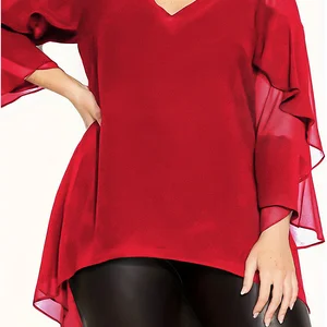 Schichten von weiblichen Faltenhülsen, großer Bluse, lässige schwarze Bluse von Frauen, Bürodame, Linie A, Frühling, Herbst, Ausschnitt V, neue Mode 10 Hauptverkäufe Black Plus Size Bluse - №4