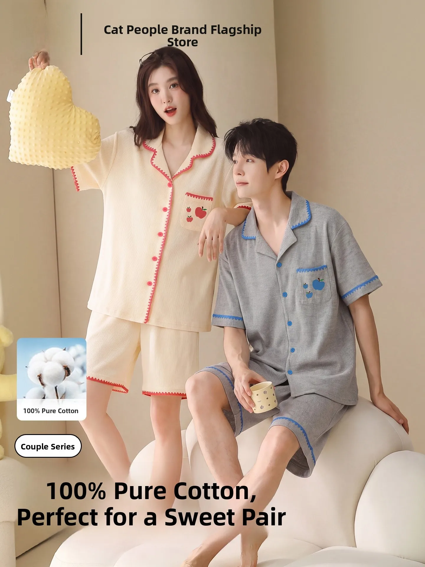 woman-summer-thin-pure-cotton-short-sleeve-sleepwear-set-couples-cartoon-cute-men's-home-clothes-outfit-loose-fit-breathable