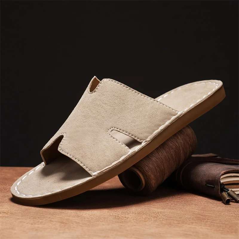 Big Size 48 Men's Leather Slippers Breathable Summer Slides Soft Sole Sandals for Man Outdoor Half Drag Leisure Walk Flip Flops