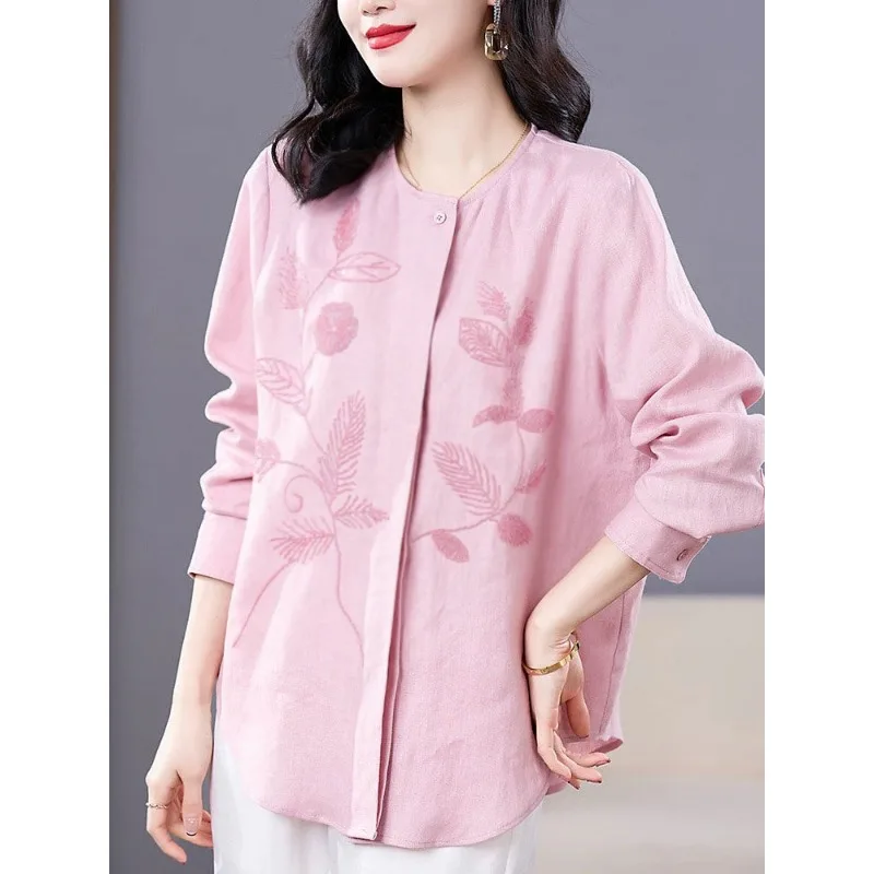 

High-end Chinese Style Cotton and Linen Embroidered Shirt Shirt Long Sleeve 2025 New Literary Loose Top