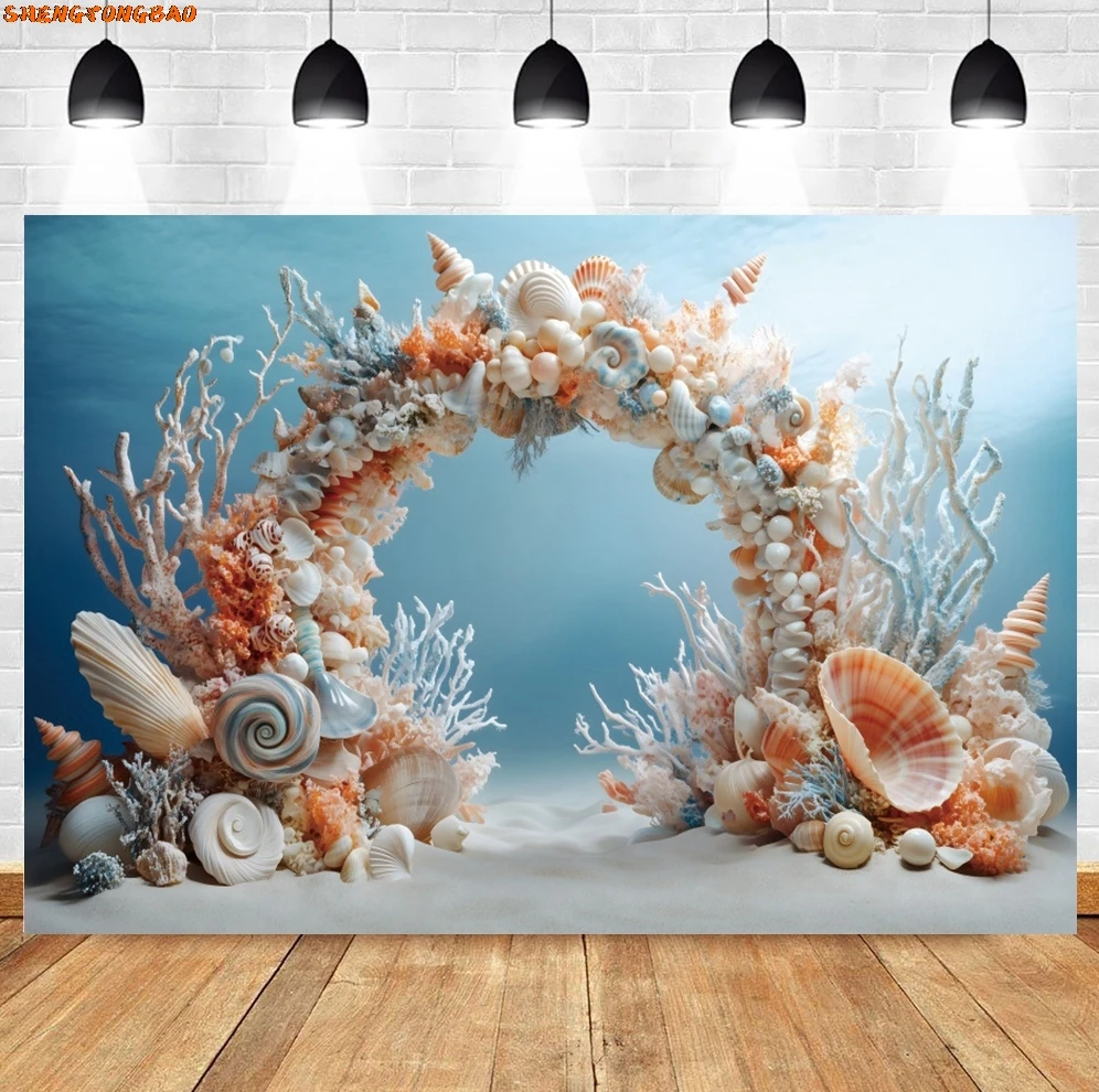 Girls Princess Birthday Party Decorations Backdrop Underwater World Theme Shell Arch Little Mermaid Party Photography Background