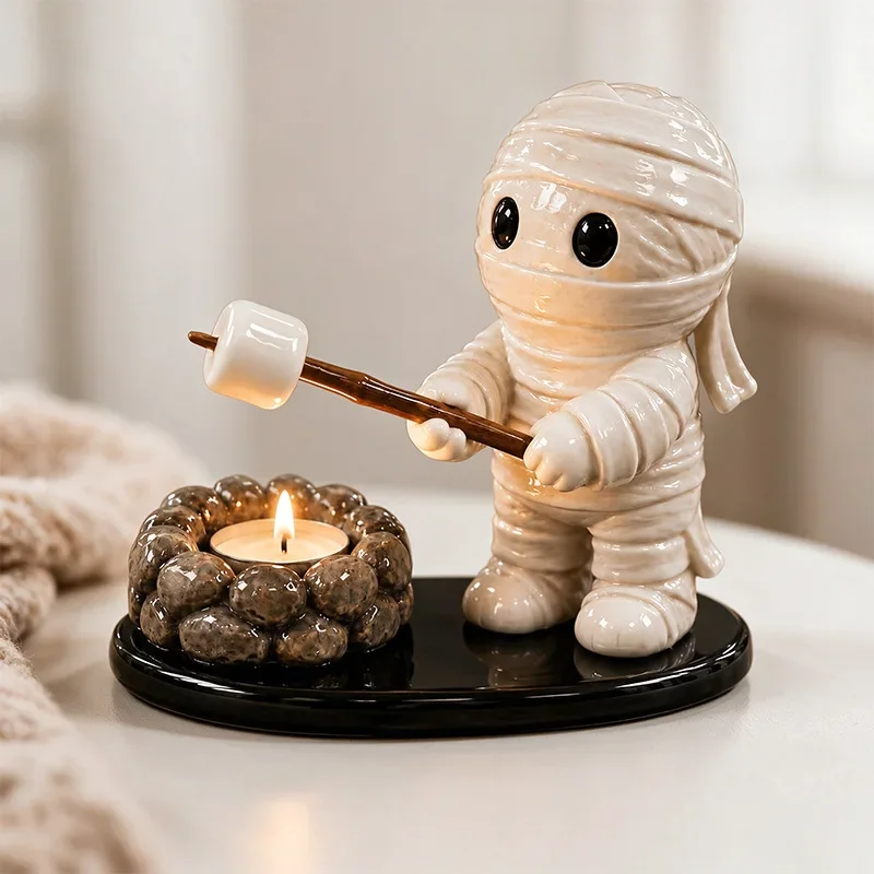  Halloween Campfire Tealight Holder Spooky Cute Ghost Mummy Scarecrow Figurine Autumn Harvest Tabletop Candle Ornament