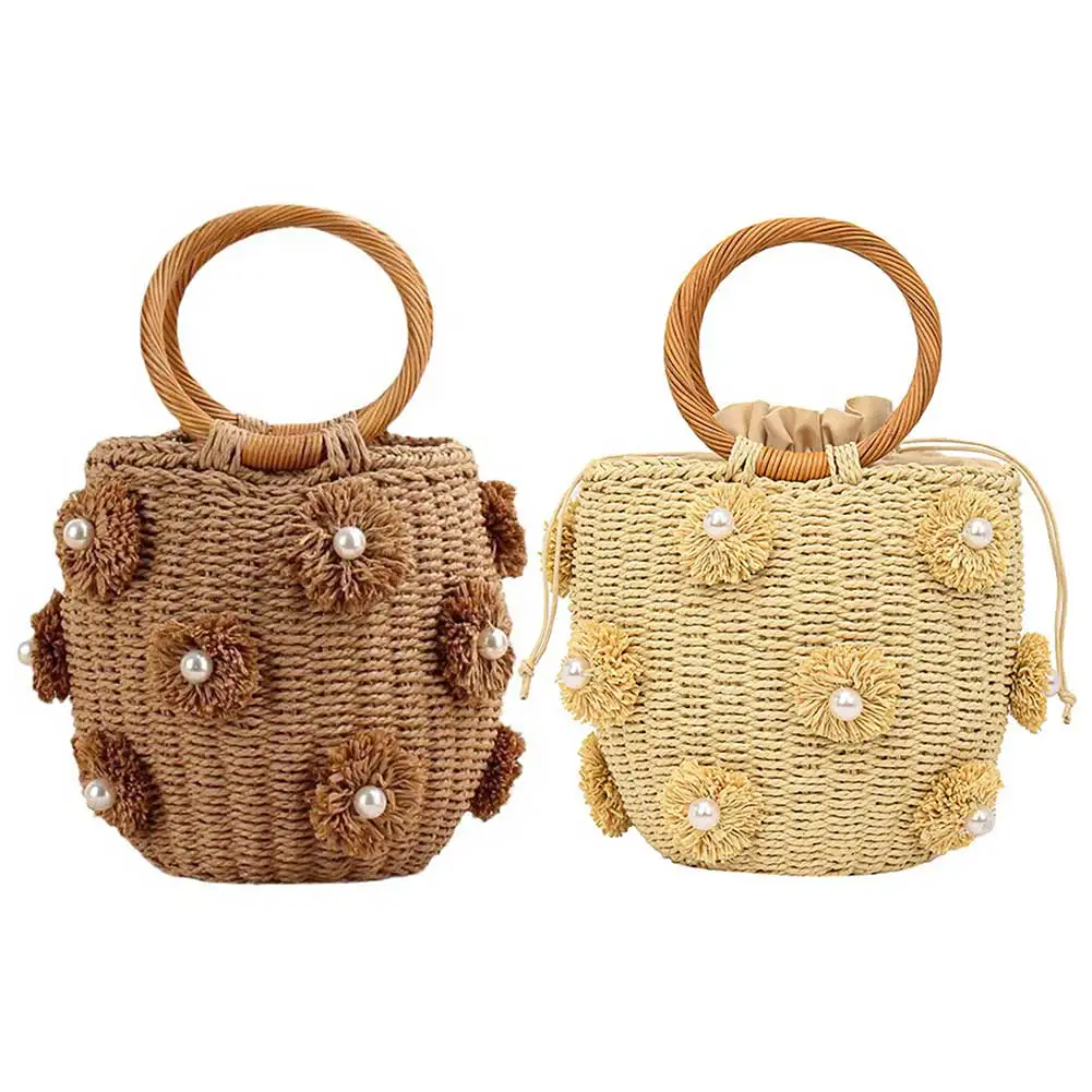 Women Handmade Woven Bag with Pearls Drawstring Wrist Purse Hand-Woven Straw Bag Summer Holiday Beach Bag