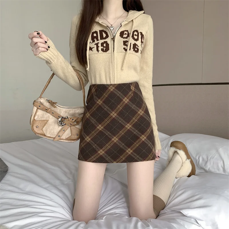 

Юбка трапециевидной формы больших размеров, женская летняя тонкая шерстяная клетчатая юбка в стиле ретро с запахом вокруг рта, корейская юбка с высокой талией