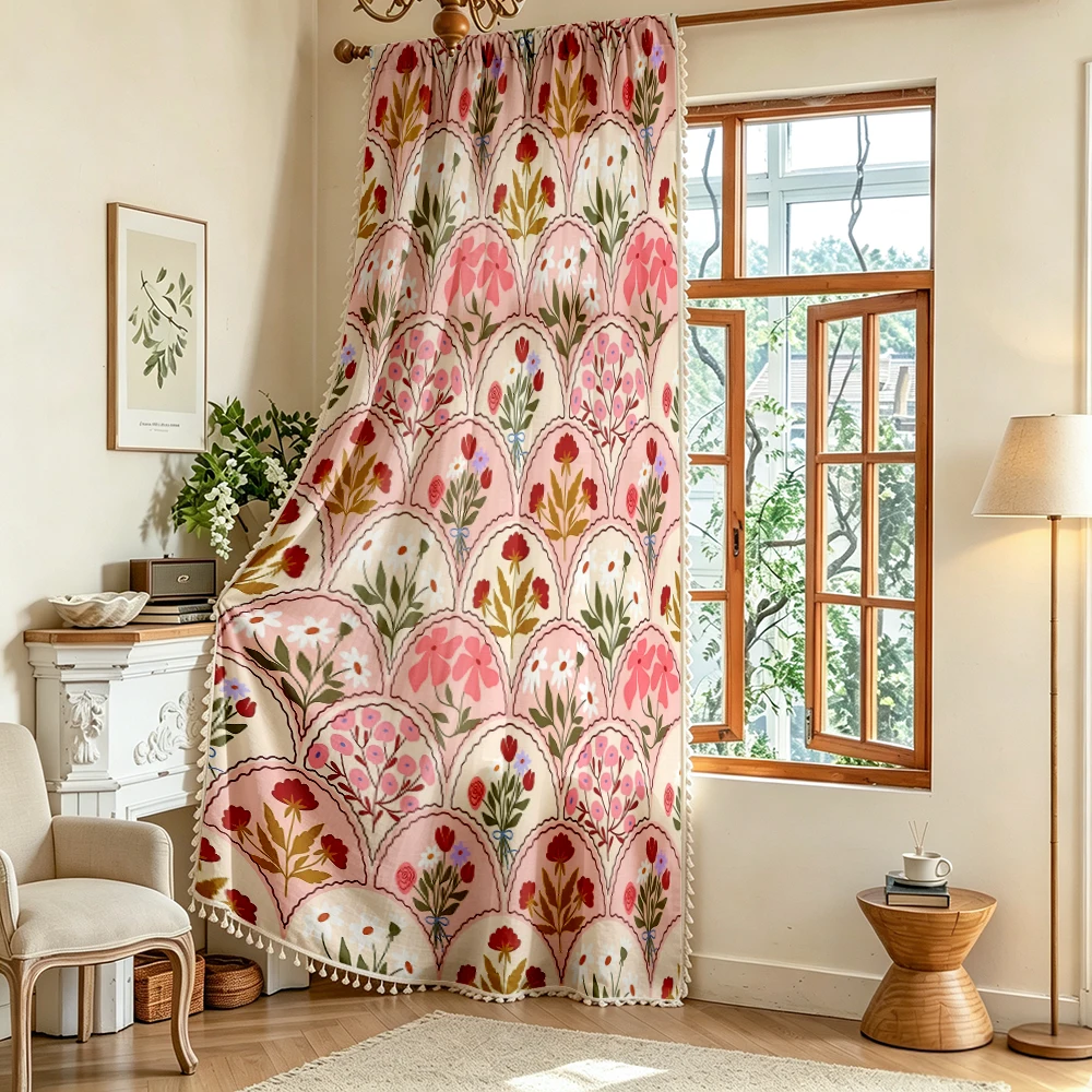 1PC Floral Tassel Sheer Curtains, Pink Scallop Fan Flower Bouquet, Digital Print, Linen Polyester, Living Room Bedroom Decor