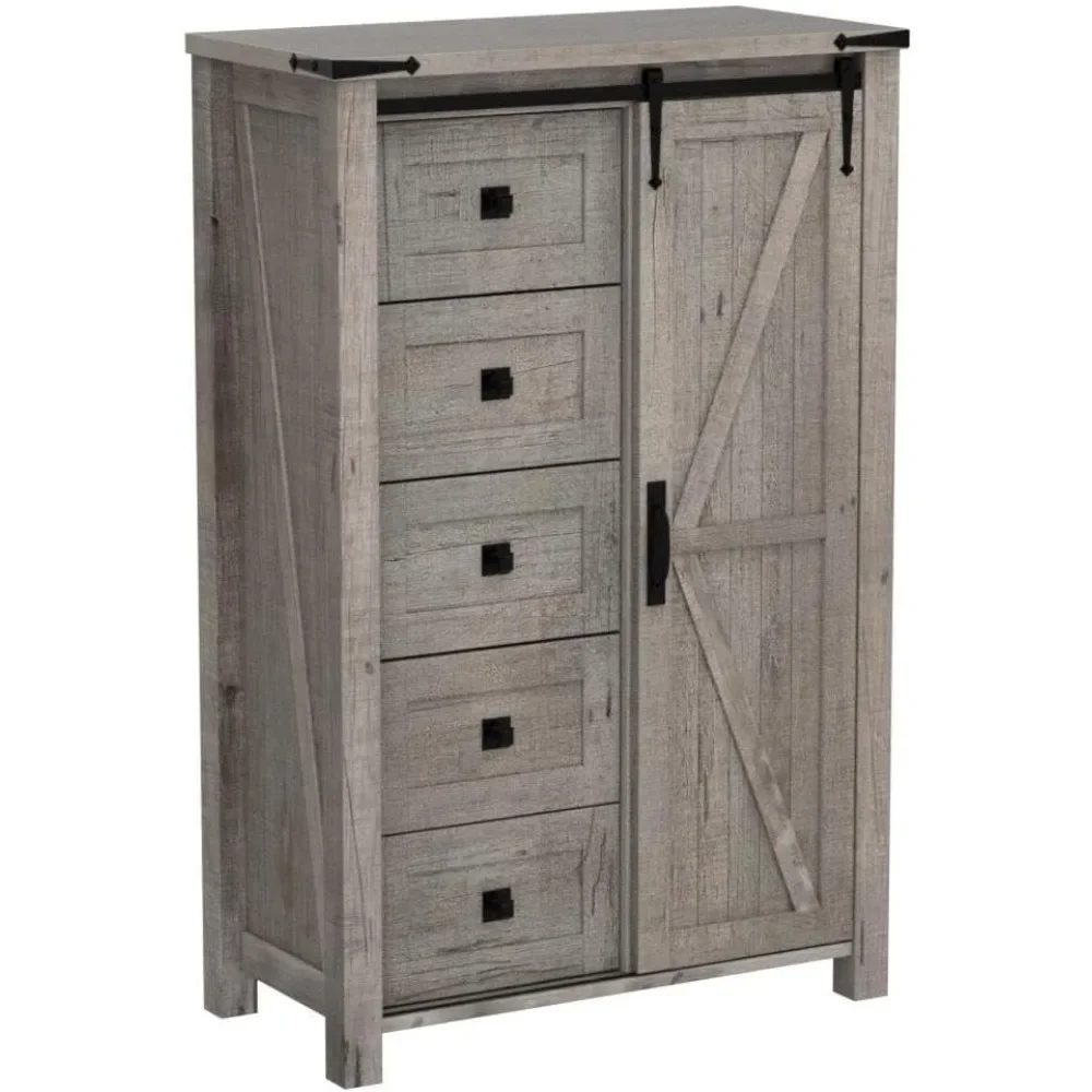 Commode moderne pour chambre à coucher avec porte de grange market, commode haute de ferme, commode d'évaluation de stockage, 5 portes de proximité