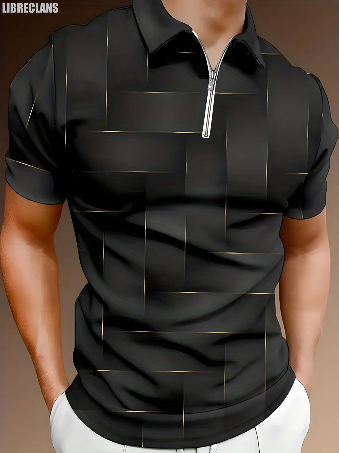 Black Striped Vintage Retro 3D Printed Men's Zipper Polo Shirt Summer Fashion New Men's Short-Sleeved Tops Slim Sportswear