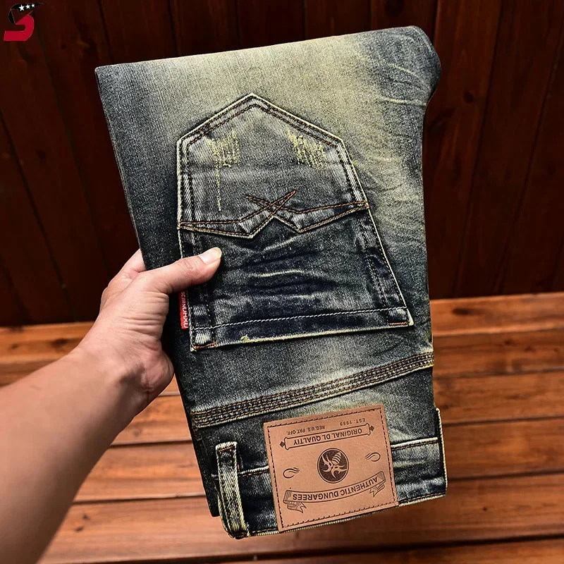 High-End กางเกงยีนส์รถจักรยานยนต์ผู้ชายฤดูใบไม้ร่วง Washed-OUT VINTAGE Nostalgic ฤดูใบไม้ร่วง SLIM FIT ตรงยืดกางเกงยีนส์ยาวกางเกง