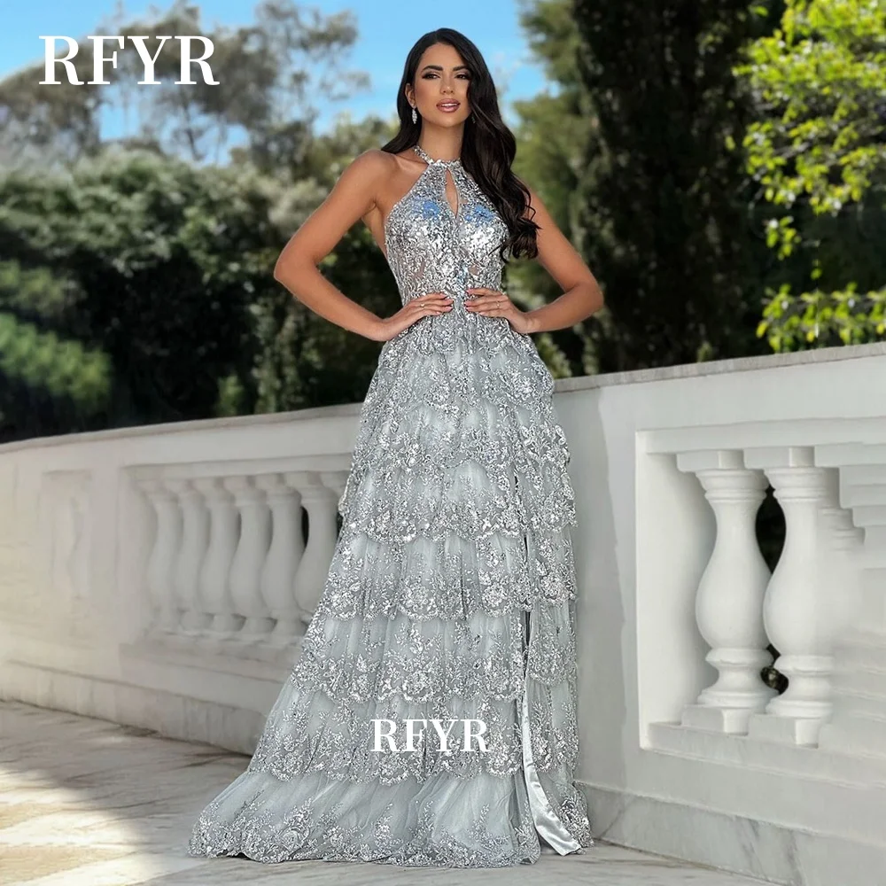 

RFYR Halter Prom Dress Applique Shiny Evening Dress Multilayers Party Gown فساتين مناسبة رسمية Customized