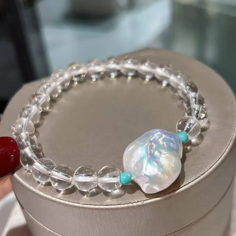 SGARIT Natural White Crystal String Beads Bracelet With Natural Turquoise Handcraft Fine Jewellery