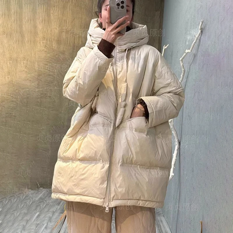 Winter Coat Women 2024 New Hooded Mid-length Down Jacket White Duck Down Knee Thickened Warm Loose Large Size Jacket Women