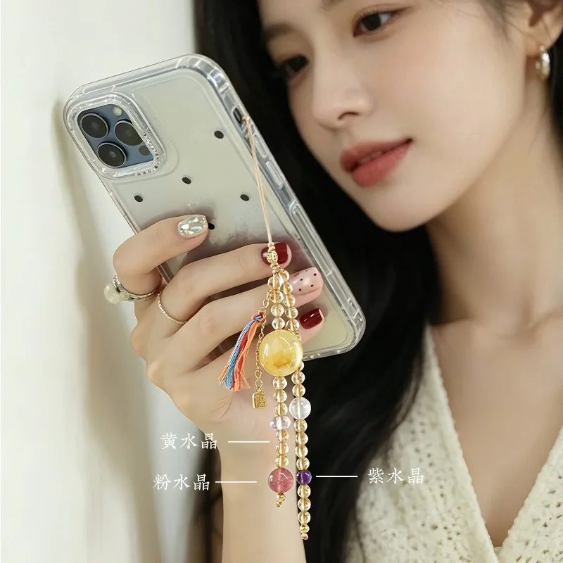 Exquisite Citrine Pendant Mini Phone Chain Bag Charm USB Flash Drive Strap Delicate Jewelry Gifts