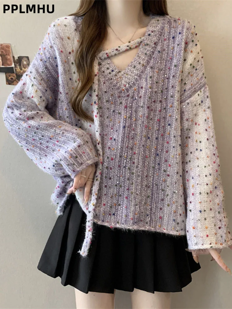 

Polka Dot Hanging Neck Fashion Knitted Sweater Women's Casual V-neck Knitwear Pullovers Korean Soft Loose New Jumpers Top