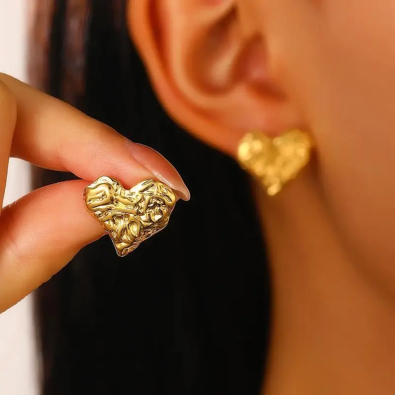 Fashion Textured Heart Earrings Irregular Crinkled Design Stud Earrings Jewelry For Women Party And Daily Outfit Matching