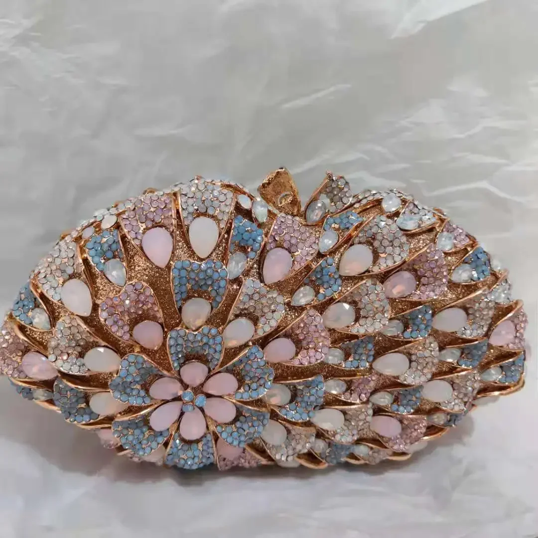 

100% Handmade Pink Rhinestone Diamond Party Clutch Purse Flower Crystal Evening Bags Lady Wedding Bridesmaid Clutches Minaudiere