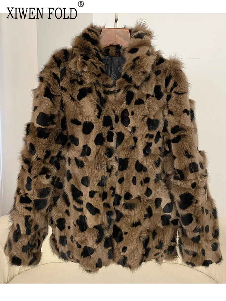 Xwen leopardo contraste cor retalhos zíper quente de alta qualidade luxuoso elegante pele de raposa feminina 2024 outono inverno novo xf3344