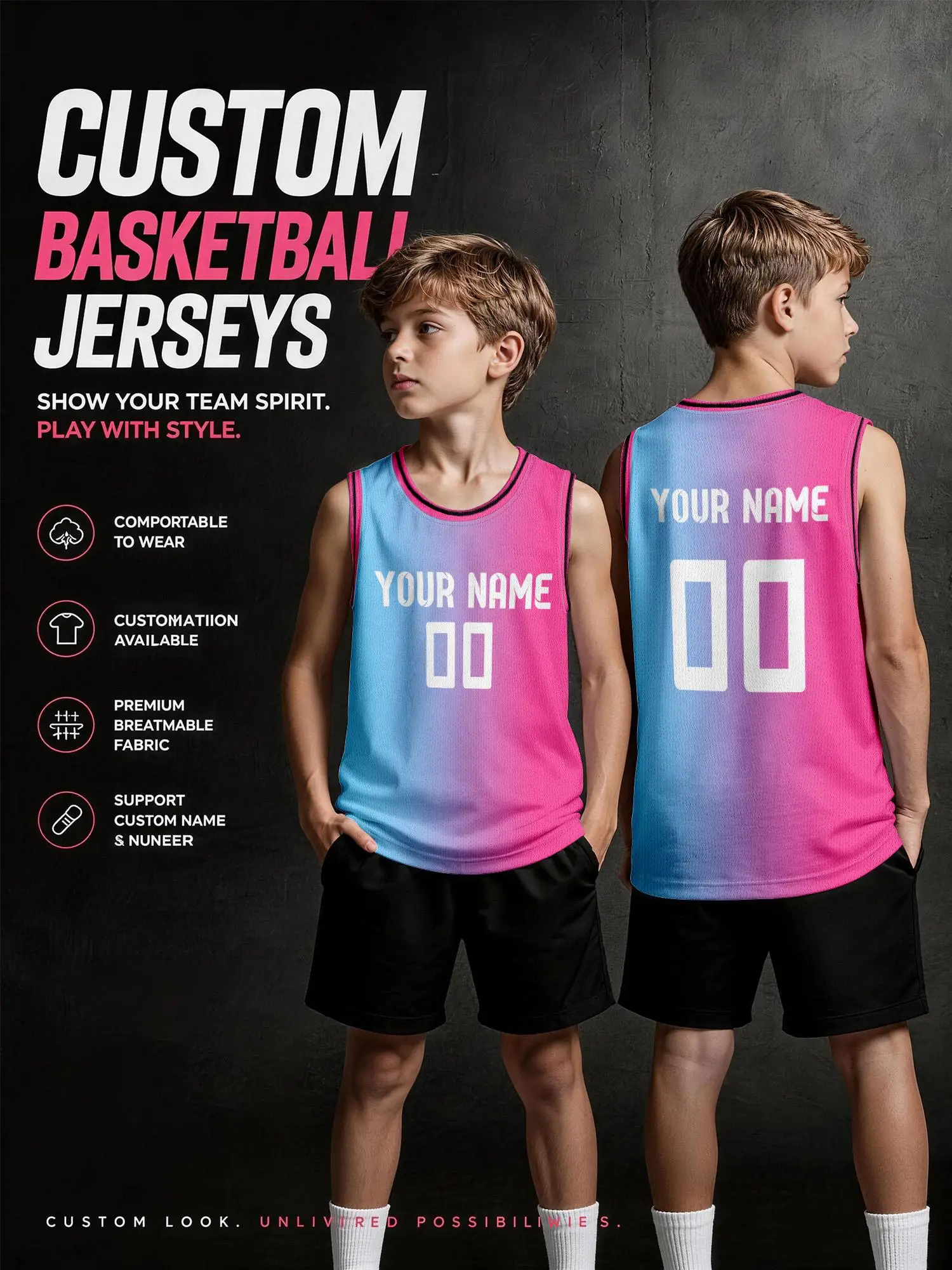 Blue‑pink Gradient Sleeveless Custom Basketball Jersey, Refreshing Breathable Mesh Vest For Custom Name And Digits