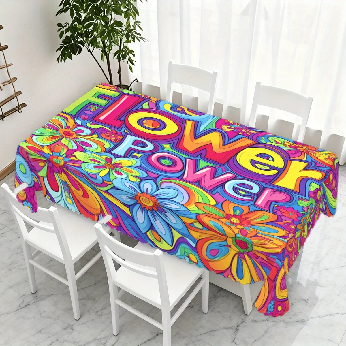Flower Power Colorful Hippie Floral Graffiti Print Waterproof Washable Tablecloth, Rectangular Table Cover for Bohemian Home
