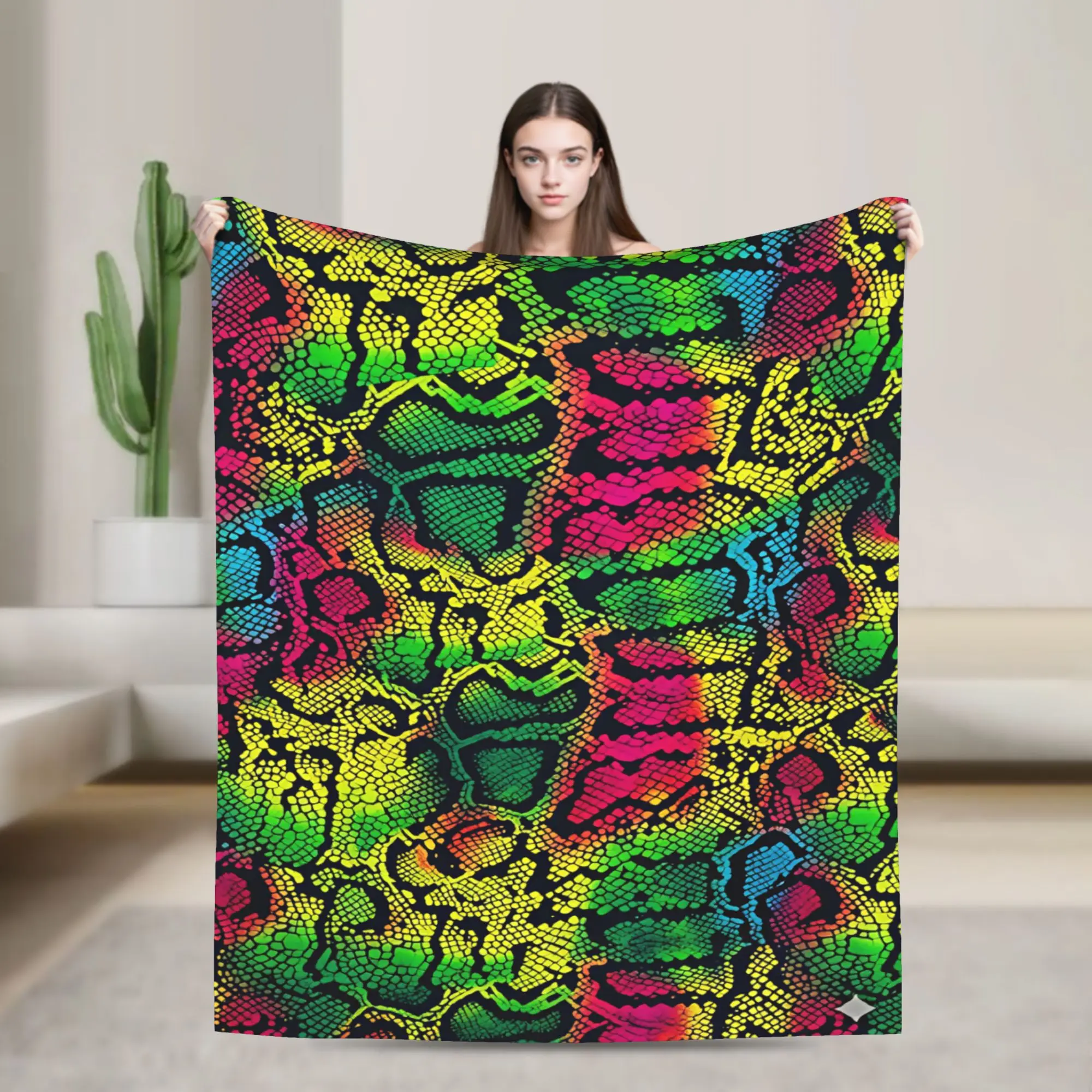 Soft Throw Blanket Camping Rainbow Neon Snake Skin Blankets  Flannel Bedspread For Living Room Funny Sofa Bed Cover