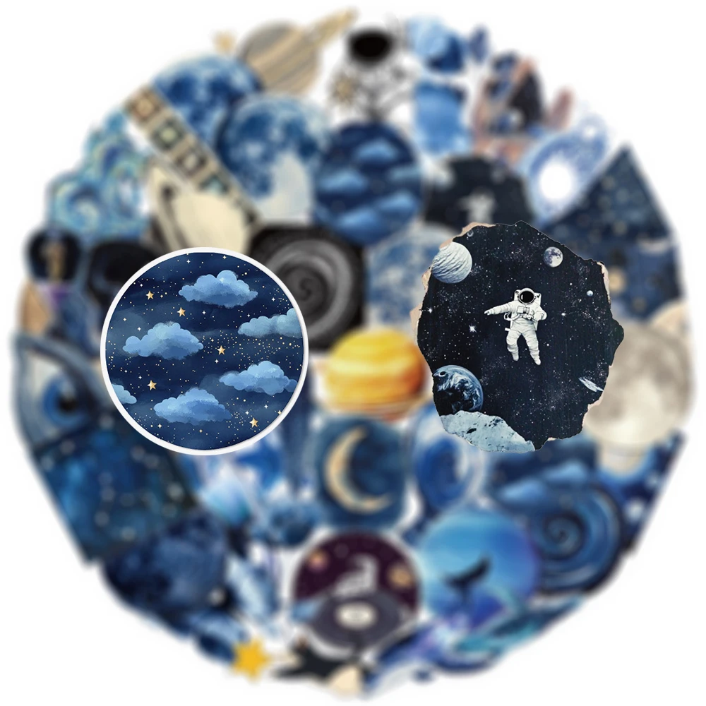 

10/30/50pcs Transparent Vintage Blue Space Stickers Planets Starry Sky Art Aesthetic Decals Notebook Phone Guitar Laptop Sticker