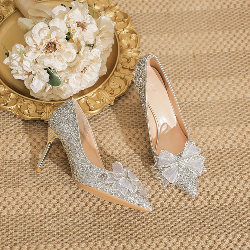 Spring Women Pointed Tip Thin High Heels New Pumps Sequins Fashion Sexy Wedding Party Bow Tie Stiletto Single Heels