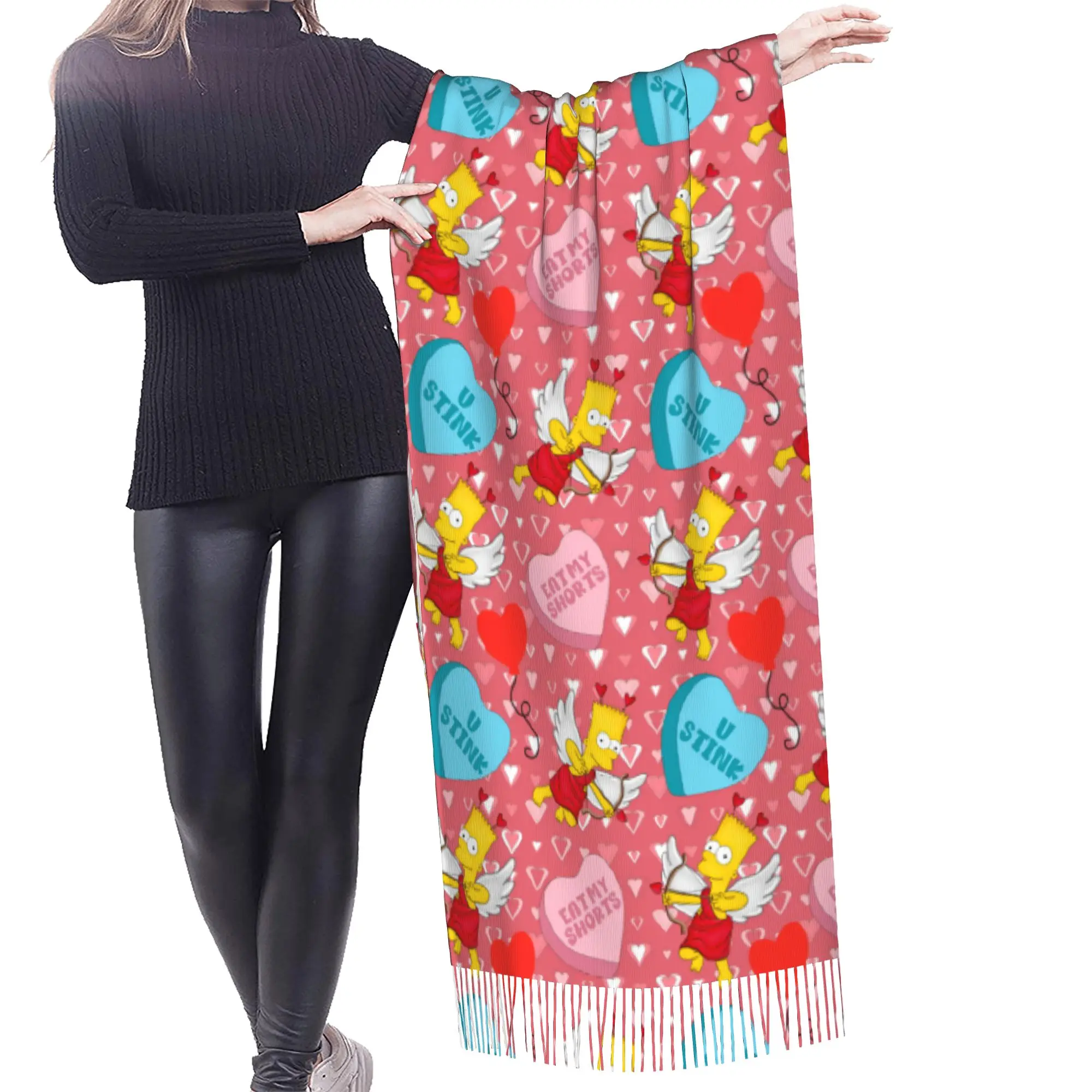 Custom S-Simpsonsed Cartoon Tassel Scarf Women Soft Homer Anime Shawl Wrap Female Winter Scarves